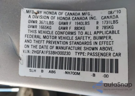 2011 Honda Civic Lx из США, поврежденный, VIN 2HGFA1F53BH300230